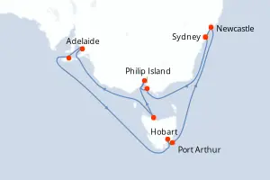 Carte de l’itinéraire du Noordam · 15 jours / 14 nuits, Australie & Nouvelle-Zélande