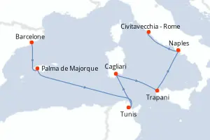 Carte de l’itinéraire du Silver Dawn · 8 jours / 7 nuits, Méditerranée occidentale