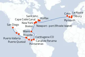Carte de l’itinéraire de l’Azamara Quest · 36 jours / 35 nuits, Amérique du Nord