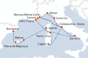 Carte de l’itinéraire de l’EXPLORA I · 22 jours / 21 nuits, Méditerranée occidentale