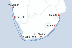 Carte de l’itinéraire du Seven Seas Explorer · 15 jours / 14 nuits, Afrique australe
