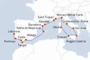 Carte de l’itinéraire du Seven Seas Grandeur · 18 jours / 17 nuits, Méditerranée occidentale
