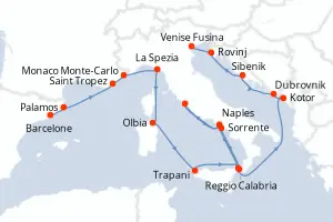 Carte de l’itinéraire du Seven Seas Grandeur · 19 jours / 18 nuits, Méditerranée occidentale