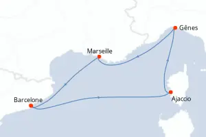 Carte de l’itinéraire du Costa Fascinosa · 5 jours / 4 nuits, Méditerranée occidentale