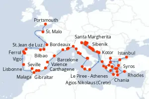 Carte de l’itinéraire de l’Azamara Journey · 71 jours / 70 nuits, Méditerranée occidentale