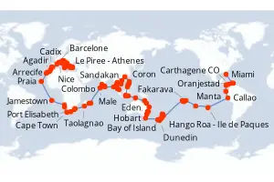 Carte de l’itinéraire de l’Azamara Onward · 177 jours / 176 nuits, Australie & Nouvelle-Zélande