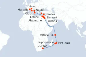 Carte de l’itinéraire du MSC Sinfonia · 29 jours / 28 nuits, Méditerranée occidentale