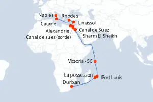 Carte de l’itinéraire du MSC Sinfonia · 26 jours / 25 nuits, Golfe & Mer Rouge