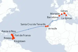 Carte de l’itinéraire du MSC World Europa · 29 jours / 28 nuits, Petites Antilles