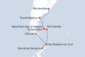 Carte de l’itinéraire du MS Fridtjof Nansen · 18 jours / 17 nuits, Patagonie / Cap Horn