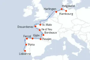 Carte de l’itinéraire du MS Fridtjof Nansen · 13 jours / 12 nuits, Mer du Nord / Bénélux-Germanie