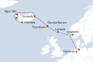 Carte de l’itinéraire du MS Fridtjof Nansen · 13 jours / 12 nuits, Islande