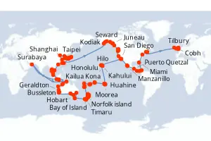 Carte de l’itinéraire de l’Azamara Quest · 180 jours / 179 nuits, Australie & Nouvelle-Zélande
