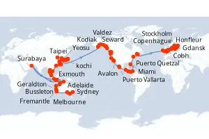 Carte de l’itinéraire de l’Azamara Quest · 139 jours / 138 nuits, Amérique du Nord