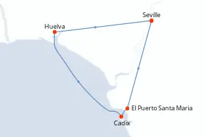 Carte de l’itinéraire du Belle de Cadix · 8 jours / 7 nuits, Guadalquivir · Guadiana