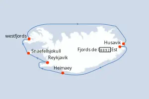 Carte de l’itinéraire du MS Fridtjof Nansen · 8 jours / 7 nuits, Islande