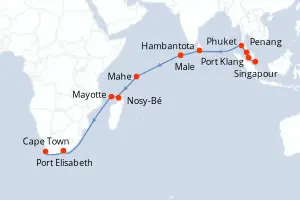 Carte de l’itinéraire du Seven Seas Splendor · 24 jours / 23 nuits, Océan Indien