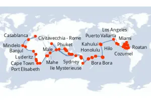 Carte de l’itinéraire du Seven Seas Splendor · 128 jours / 127 nuits, Caraïbes occidentales