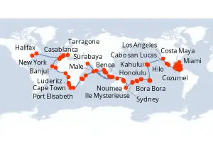 Carte de l’itinéraire du Seven Seas Splendor · 142 jours / 141 nuits, Caraïbes occidentales