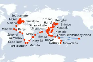 Carte de l’itinéraire de l’Oceania Vista · 130 jours / 129 nuits, Asie du Sud-Est
