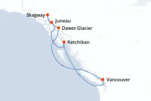 Carte de l’itinéraire du Disney Wonder · 8 jours / 7 nuits, Alaska