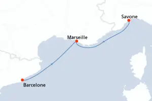 Carte de l’itinéraire du Costa Fascinosa · 3 jours / 2 nuits, Méditerranée occidentale