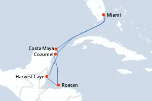 Carte de l’itinéraire de l’Oceania Vista · 8 jours / 7 nuits, Caraïbes occidentales