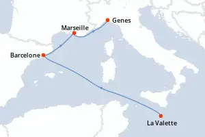 Carte de l’itinéraire du MSC World Europa · 5 jours / 4 nuits, Méditerranée occidentale