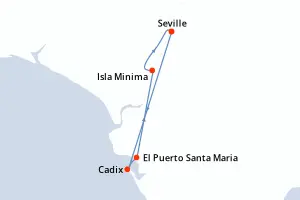 Carte de l’itinéraire du Belle de Cadix · 6 jours / 5 nuits, Guadalquivir · Guadiana
