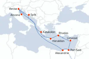 Carte de l’itinéraire du MSC Lirica · 13 jours / 12 nuits, Méditerranée orientale