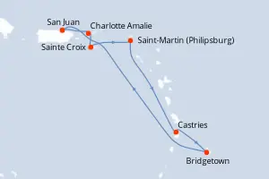 Carte de l’itinéraire du Rhapsody of the Seas · 8 jours / 7 nuits, Petites Antilles