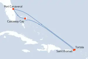 Carte de l’itinéraire du Disney Treasure · 8 jours / 7 nuits, Petites Antilles