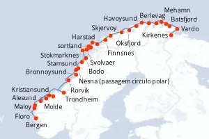 Carte de l’itinéraire du MS Nordlys · 6 jours / 5 nuits, Norvège