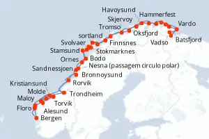 Carte de l’itinéraire du MS Richard With · 12 jours / 11 nuits, Norvège