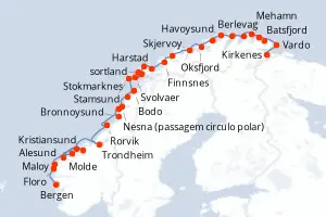Carte de l’itinéraire du MS Nordnorge · 6 jours / 5 nuits, Norvège