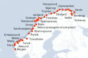 Carte de l’itinéraire du MS Nordnorge · 12 jours / 11 nuits, Norvège