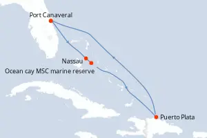 Carte de l’itinéraire du MSC Grandiosa · 8 jours / 7 nuits, Bahamas