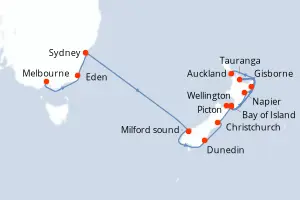 Carte de l’itinéraire de l’Azamara Pursuit · 17 jours / 16 nuits, Australie & Nouvelle-Zélande