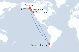 Carte de l’itinéraire du MS Koningsdam · 8 jours / 7 nuits, Alaska