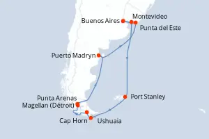 Carte de l’itinéraire du Celebrity Equinox · 15 jours / 14 nuits, Amérique du Sud