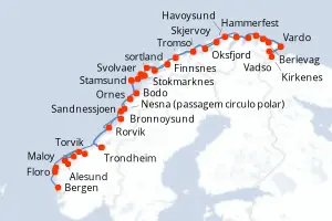 Carte de l’itinéraire du MS Kong Harald · 11 jours / 10 nuits, Norvège