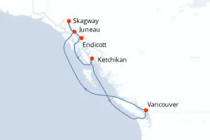 Carte de l’itinéraire de l’Emerald Princess · 8 jours / 7 nuits, Alaska