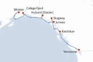 Carte de l’itinéraire de l’Island Princess · 8 jours / 7 nuits, Alaska