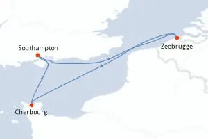 Carte de l’itinéraire du Queen Victoria · 5 jours / 4 nuits, Mer du Nord / Bénélux-Germanie
