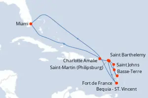 Carte de l’itinéraire de l’Oceania Marina · 13 jours / 12 nuits, Petites Antilles