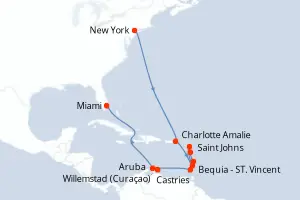 Carte de l’itinéraire de l’Oceania Vista · 15 jours / 14 nuits, Petites Antilles