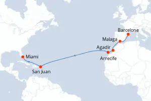 Carte de l’itinéraire de l’Oceania Allura · 16 jours / 15 nuits, Amérique du Nord
