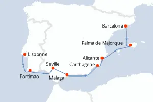 Carte de l’itinéraire de l’Oceania Insignia · 8 jours / 7 nuits, Méditerranée occidentale