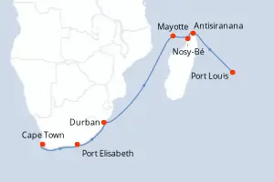 Carte de l’itinéraire du Seven Seas Voyager · 16 jours / 15 nuits, Océan Indien