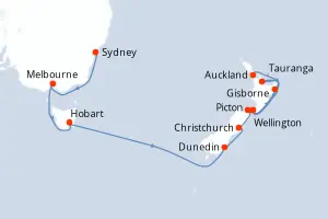 Carte de l’itinéraire du Seven Seas Explorer · 17 jours / 16 nuits, Australie & Nouvelle-Zélande